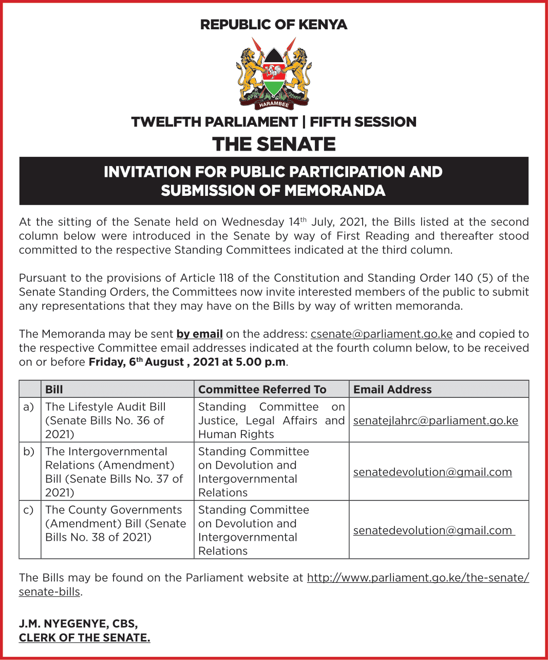 INVITATION FOR PUBLIC PARTICIPATION AND SUBMISSION OF MEMORANDA