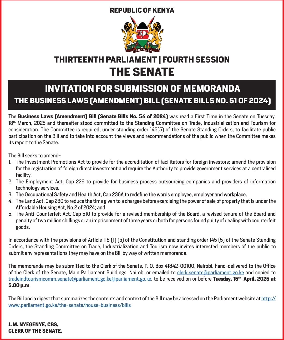 INVITATION FOR SUBMISSION OF MEMORANDA 