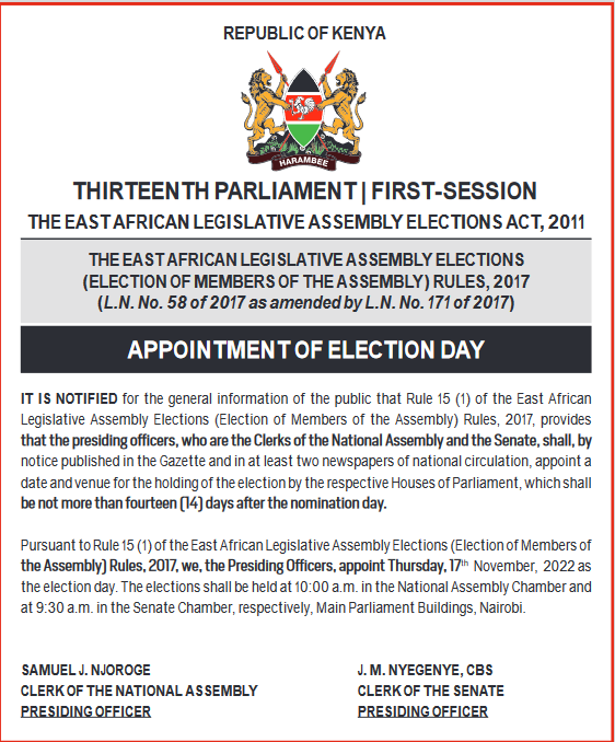  Thursday 17th November, as Election Day of Members to EALA