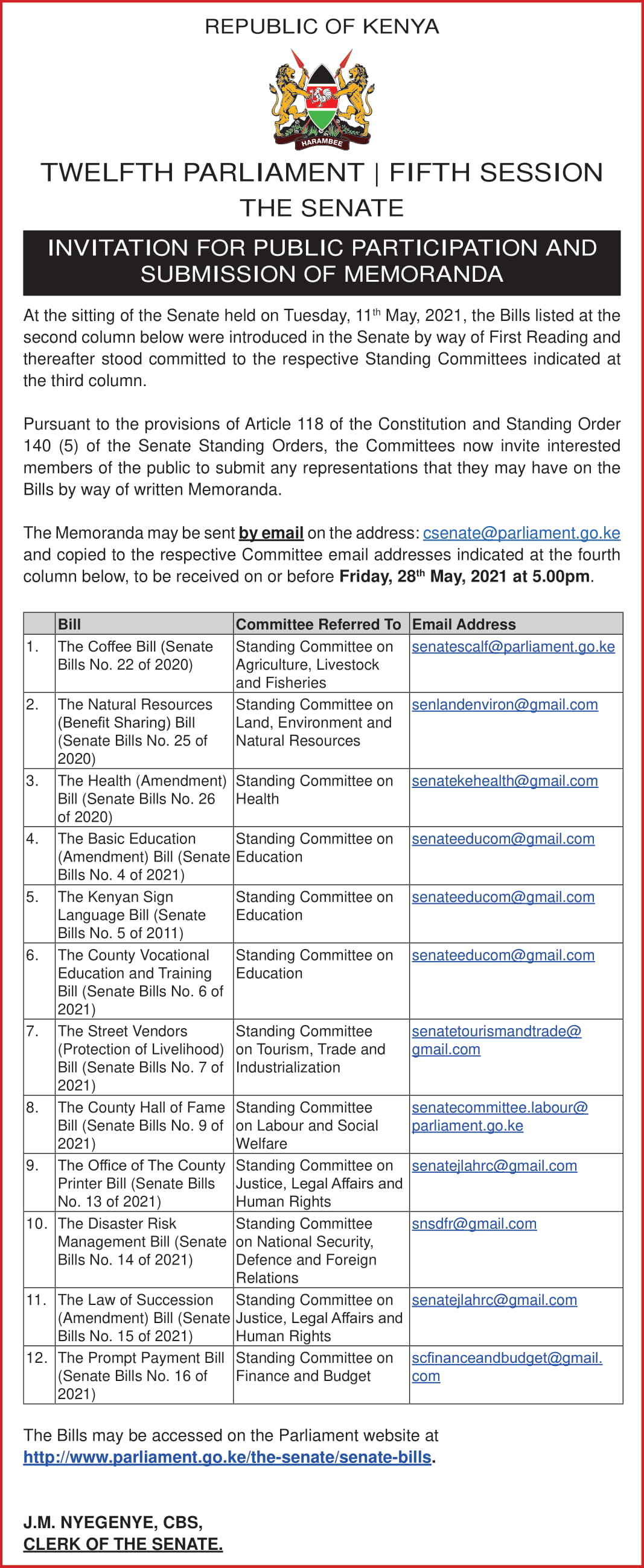 INVITATION FOR PUBLIC PARTICIPATION AND SUBMISSION OF MEMORANDA