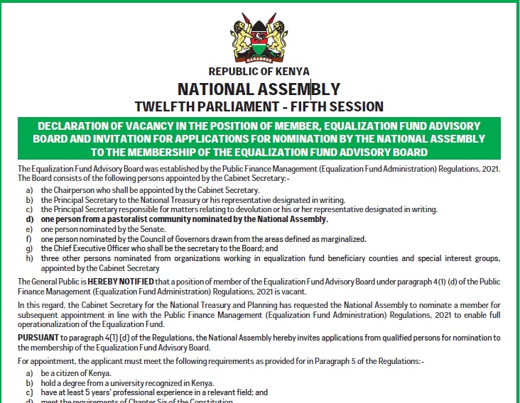 INVITATION FOR APPLICATIONS FOR NOMINATION, BY THE NATIONAL ASSEMBLY , TO THE MEMBERSHIP OF THE EQUALIZATION FUND ADVISORY BOARD