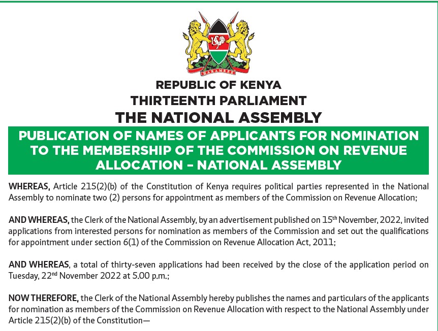 List of Applicants for Nomination to the Membership of the Commission on Revenue Allocation