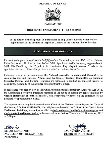SUBMISSION OF MEMORANDA: - APPOINTMENT OF INSPECTOR GEN. NATIONAL POLICE SERVICE