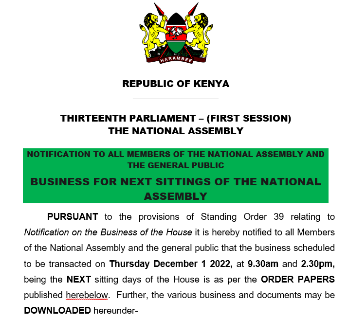 NOTIFICATION TO ALL MEMBERS OF THE NATIONAL ASSEMBLY AND THE GENERAL PUBLIC