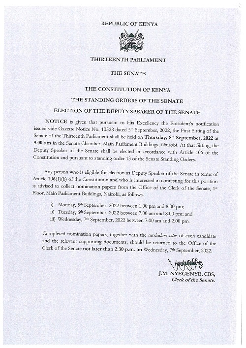 NOTICE: ELECTION OF THE DEPUTY SPEAKER SENATE