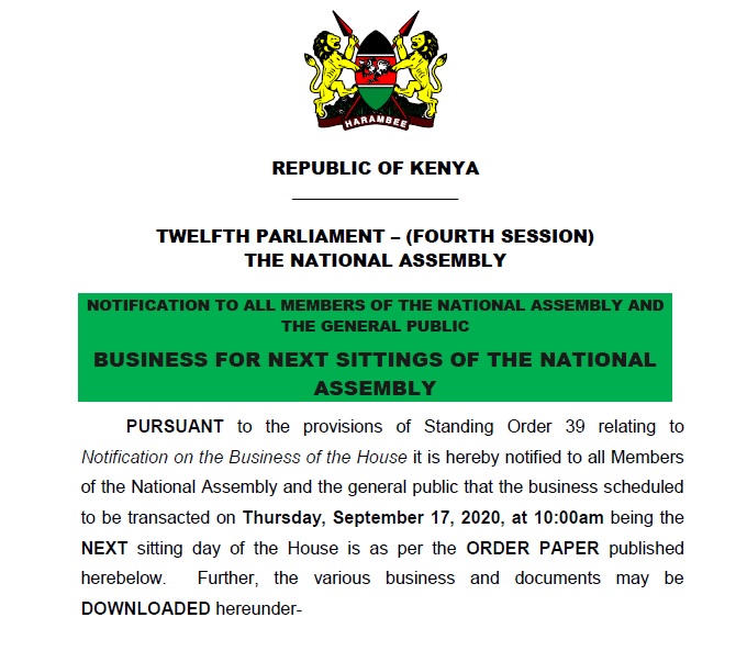 NOTIFICATION TO ALL MEMBERS OF THE NATIONAL ASSEMBLY AND THE GENERAL