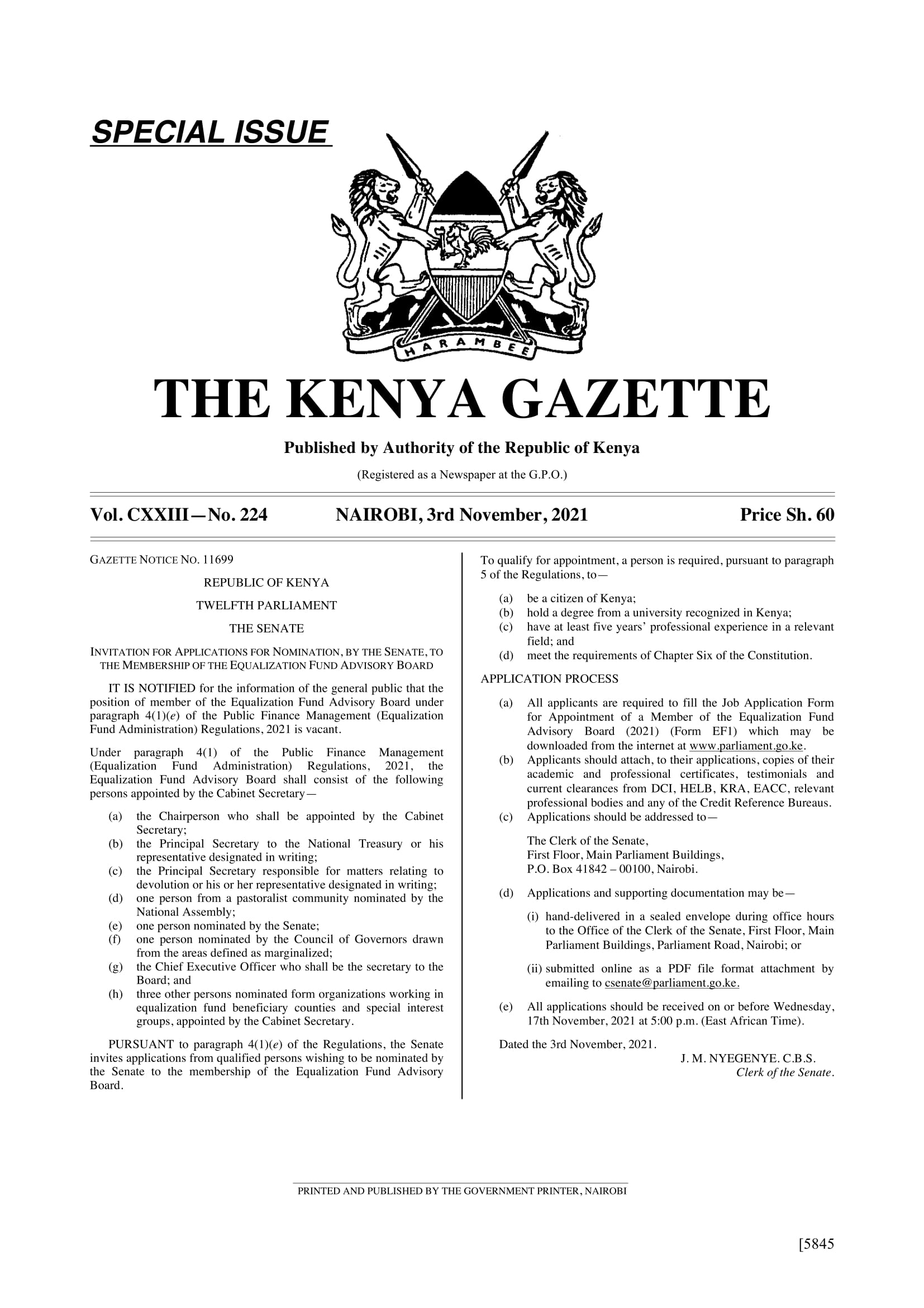 GAZETTE NOTICE NO. 11699 - INVITATION FOR APPLICATIONS FOR NOMINATION, BY THE SENATE, TO THE MEMBERSHIP OF THE EQUALIZATION FUND ADVISORY BOARD