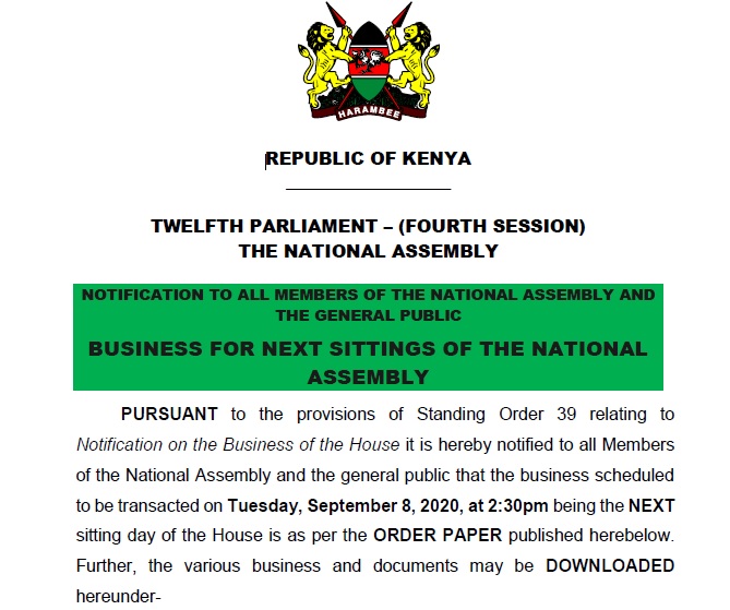 NOTIFICATION TO ALL MEMBERS OF THE NATIONAL ASSEMBLY 