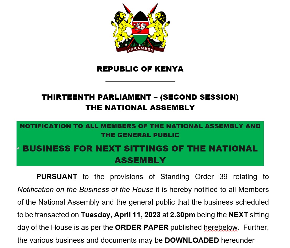 NOTIFICATION TO ALL MEMBERS OF THE NATIONAL ASSEMBLY AND THE GENERAL PUBLIC