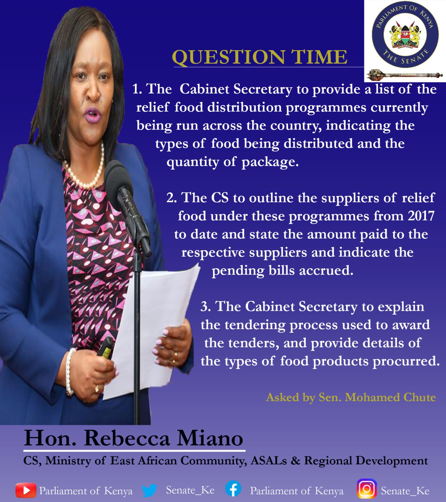 Cabinet Secretary of East African Community will appear before the Senate tomorrow to answer questions in regards to her Ministry #QuestionTime