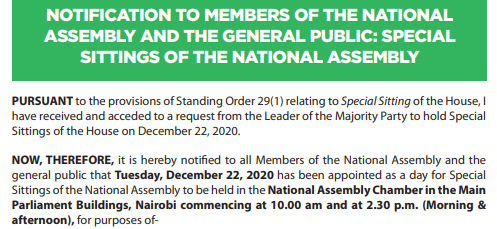 National Assembly Scheduled to hold Special Sittings before Christmas