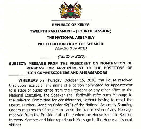 NOTIFICATION ON MESSAGE FROM THE PRESIDENT ON NOMINATION OF HIGH -COMMISSIONERS AND AMBASSADORS 