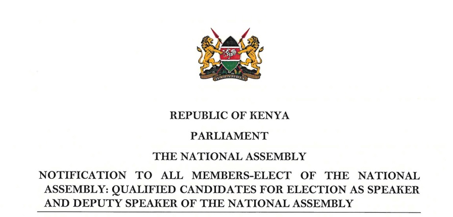 NOTIFICATION OF QUALIFIED CANDIDATES FOR ELECTION AS SPEAKER AND DEPUTY SPEAKER OF THE NATIONAL ASSEMBLY ON 8TH SEPTEMBER 2022 PURSUANT TO STANDING ORDER 5(5)