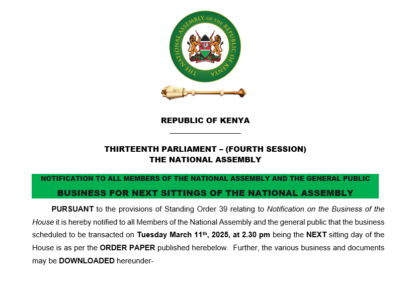 NOTIFICATION TO ALL MEMBERS OF THE NATIONAL ASSEMBLY AND THE GENERAL PUBLIC 