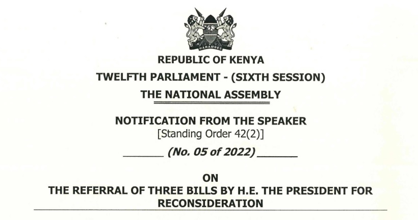 23.06.2022 -  Notification on the Referral of the three Bills by H. E. the President for Reconsideration