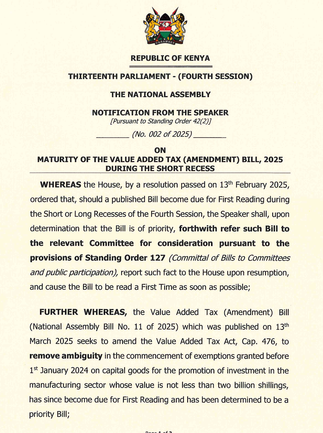 Notification No. 2 of 2025 on Maturity of the Value Added Tax (Amendment) Bill, 2025