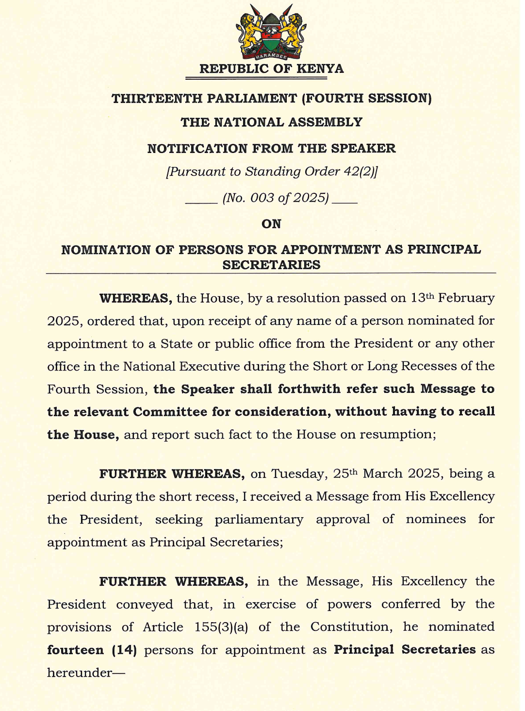 Notification No. 3 of 2025 on Nomination of Persons for Appointment as Principal Secretaries