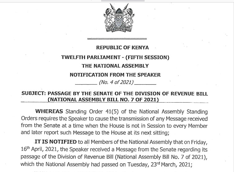 NOTIFICATION ON TWO MESSAGES FROM THE SENATE ON THE DIVISION OF REVENUE BILL, 2021 AND MUNG BEANS BILL, 2020