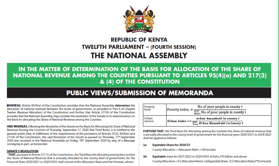 IN THE MATTER OF DETERMINATION OF THE BASIS FOR ALLOCATION OF THE SHARE OF NATIONAL REVENUE AMONG THE COUNTIES PURSUANT TO ARTICLES 95(4)(a) AND 217(3) & (4) OF THE CONSTITUTION