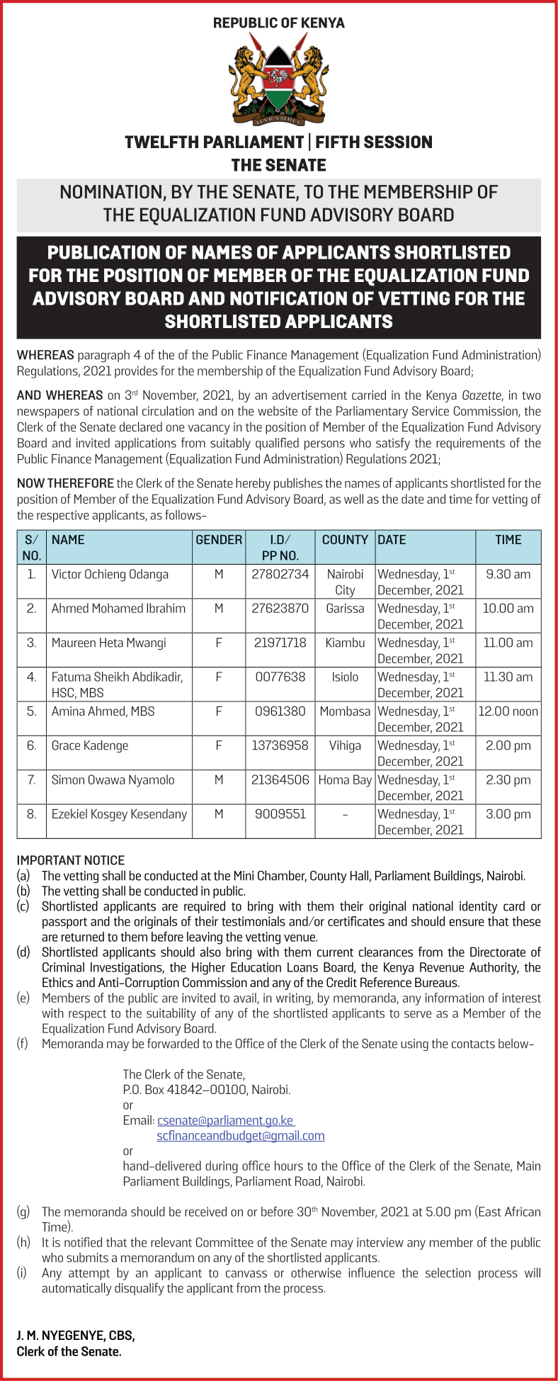  OF NAMES OF APPLICANTS SHORTLISTED FOR POSITION OF MEMBER OF THE EQUALIZATION FUND ADVISORY BOARD