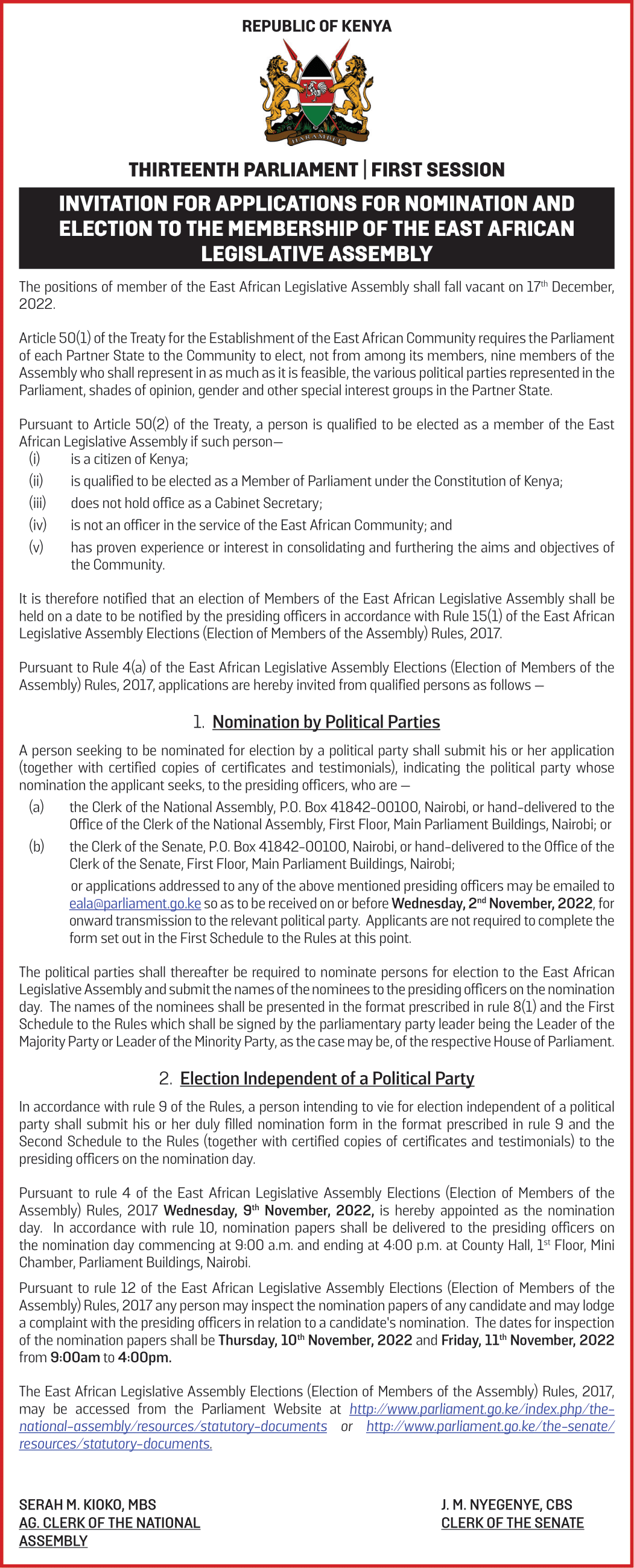 INVITATION FOR APPLICATIONS FOR NOMINATION AND ELECTION TO THE MEMBERSHIP OF THE EAST AFRICA LEGISLATIVE ASSEMBLY ( EALA)
