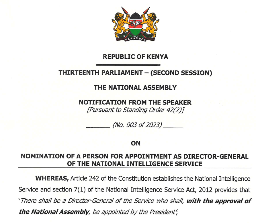 Nomination of Director General of the NIS