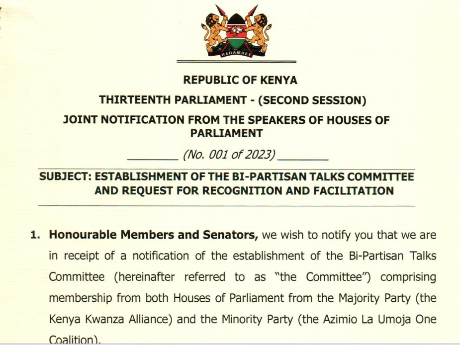 Establishment of the Bi-partisan Talks Committee