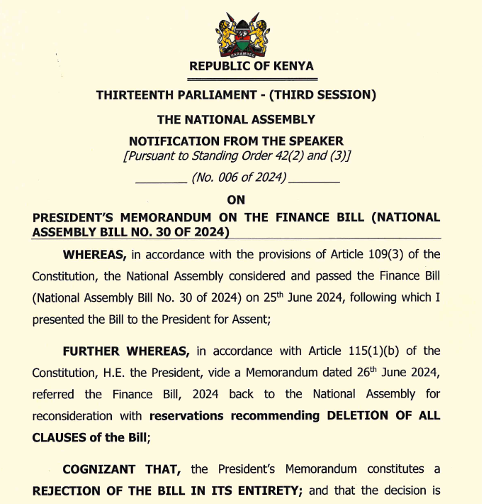 NOTIFICATION FROM THE SPEAKER ON PRESIDENT'S MEMORANDUM ON THE FINANCE BILL ( NATIONAL ASSEMBLY BILL NO. 30 OF 2024)