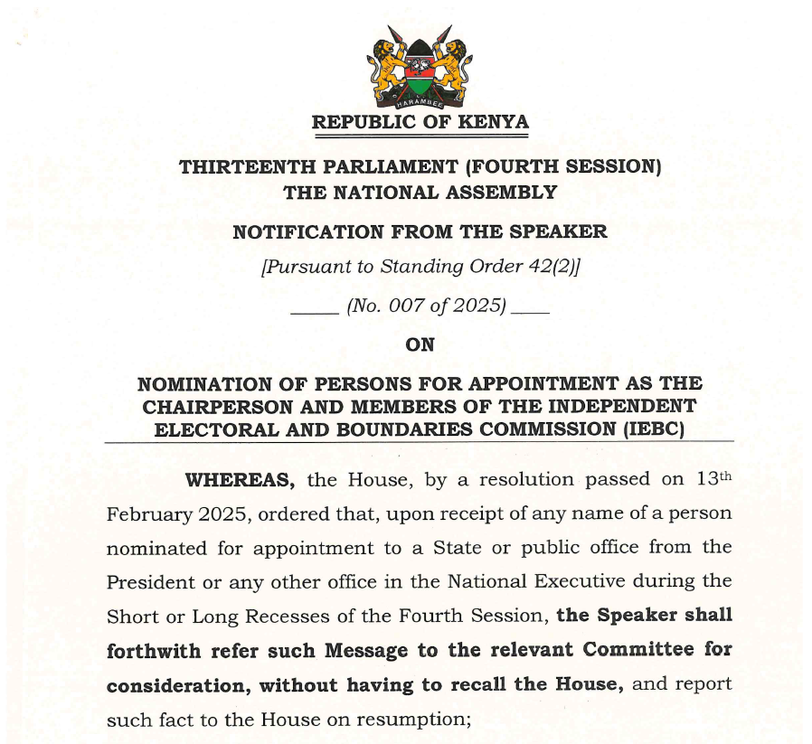 NOMINATION OF PERSONS FOR THE APPOINTMENT AS THE CHAIRPERSON AND MEMBERS OF THE INDEPENDENT ELECTORAL AND BOUNDARIES COMMISSION (IEBC)