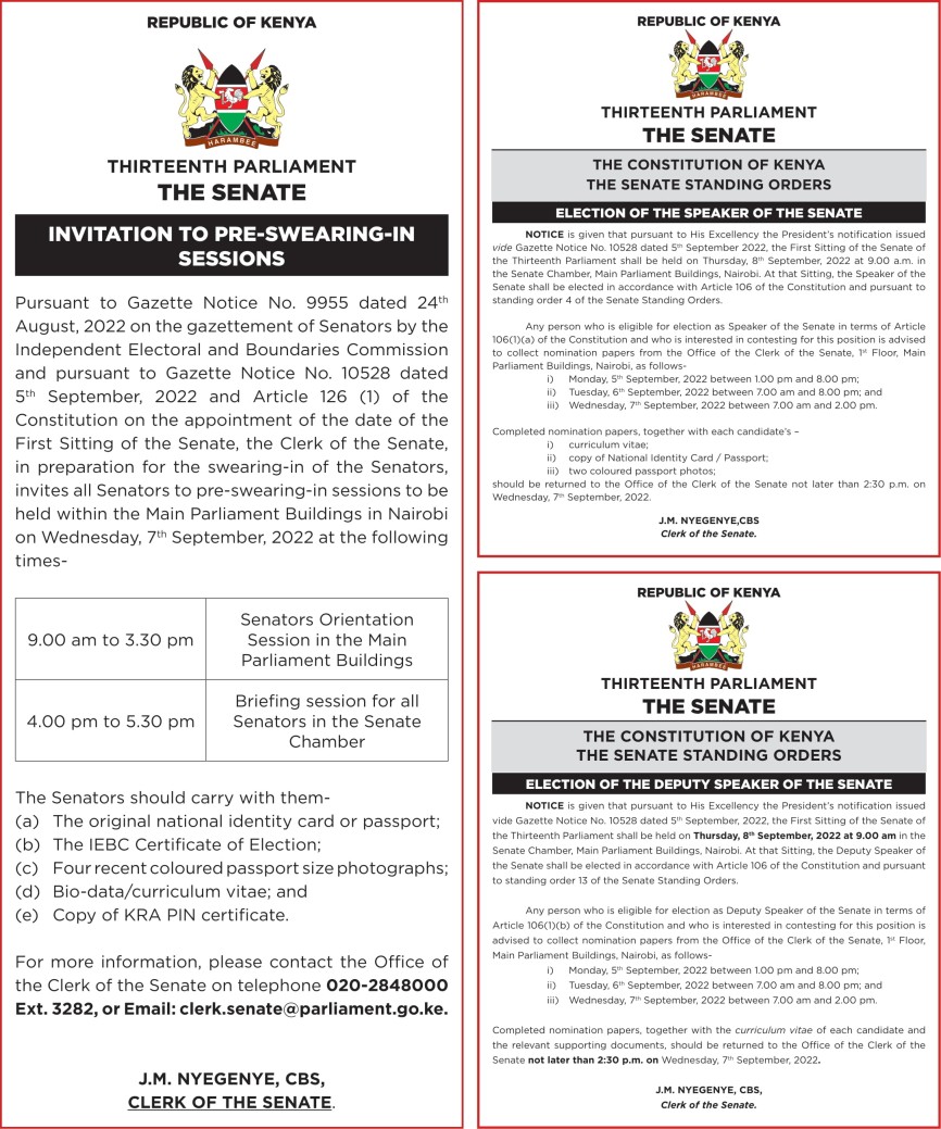 NOTICE OF THE SENATE PRE-SWEARING, ELECTION OF SPEAKER AND DEPUTY SPEAKER