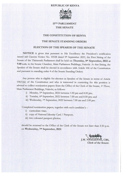 NOTICE: ELECTION OF THE SPEAKER SENATE