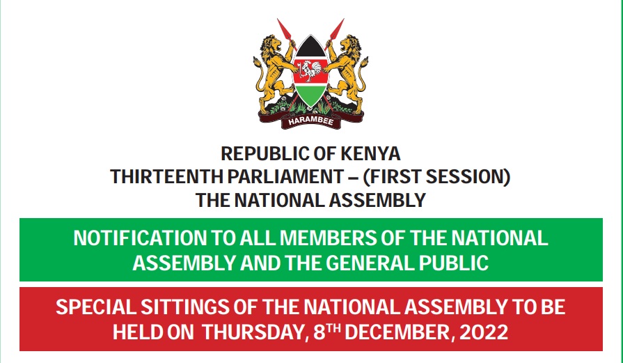 SPECIAL SITTINGS OF THE NATIONAL ASSEMBLY TO BE HELD ON THURSDAY, 8TH DECEMBER, 2022 