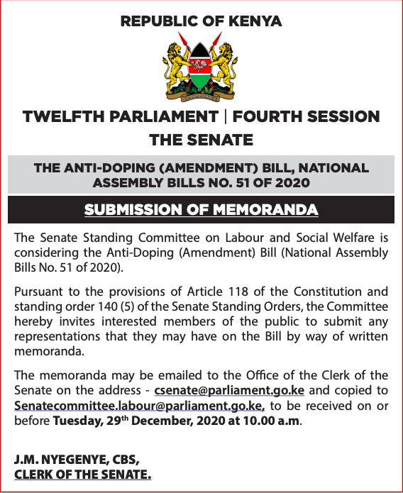 Anti-Doping (Amendment) Bill (National Assembly Bills No. 51 of 2020). 