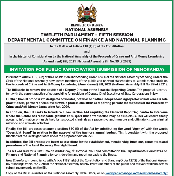 SUBMISSION FOR MEMORANDA ON PROCEEDS OF CRIME AND ANTI-MONEY LAUNDERING (AMENDMENT) BILL, 2021
