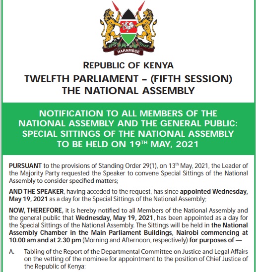NOTIFICATION TO ALL MEMBERS OF THE  NATIONAL ASSEMBLY AND THE GENERAL PUBLIC:  SPECIAL SITTINGS OF THE NATIONAL ASSEMBLY  TO BE HELD ON 19TH MAY, 2021