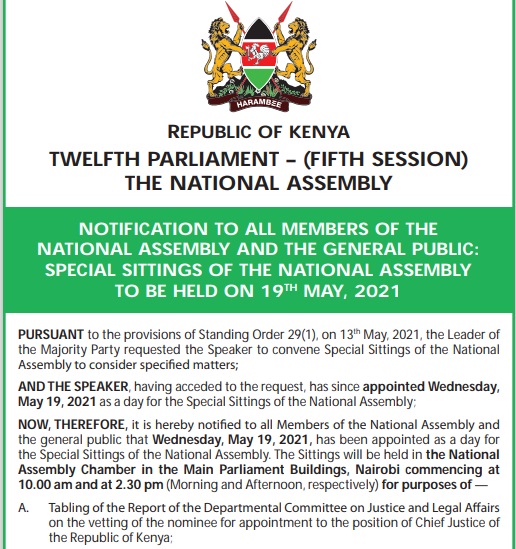NOTIFICATION TO ALL MEMBERS OF THE  NATIONAL ASSEMBLY AND THE GENERAL PUBLIC:  SPECIAL SITTINGS OF THE NATIONAL ASSEMBLY  TO BE HELD ON 19TH MAY, 2021