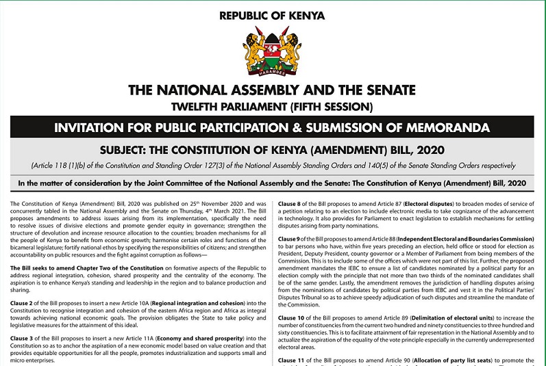 INVITATION FOR PUBLIC PARTICIPATION & SUBMISSION OF MEMORANDA ON THE ONSTITUTION OF KENYA (AMENDMENT) BILL 2020