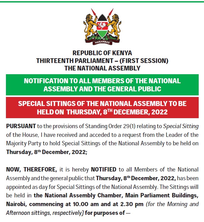 NOTIFICATION TO ALL MEMBERS OF THE NATIONAL ASSEMBLY AND THE GENERAL PUBLIC 