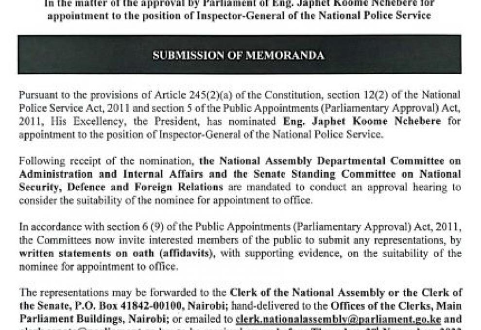 SUBMISSION OF MEMORANDA: - APPOINTMENT OF INSPECTOR GEN. NATIONAL POLICE SERVICE