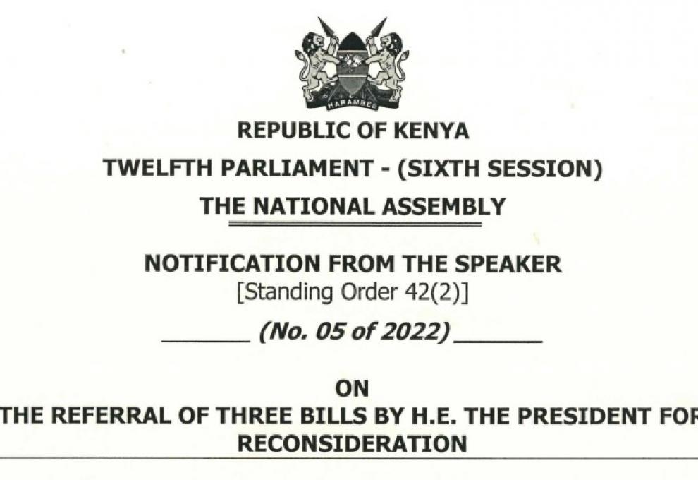 23.06.2022 -  Notification on the Referral of the three Bills by H. E. the President for Reconsideration