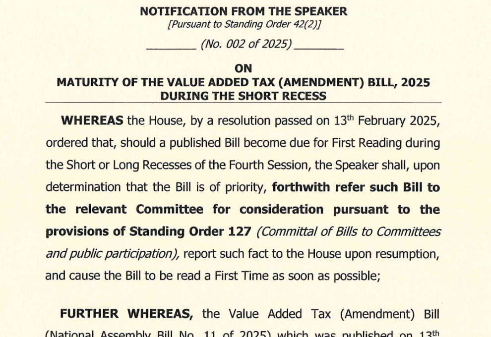 Notification No. 2 of 2025 on Maturity of the Value Added Tax (Amendment) Bill, 2025