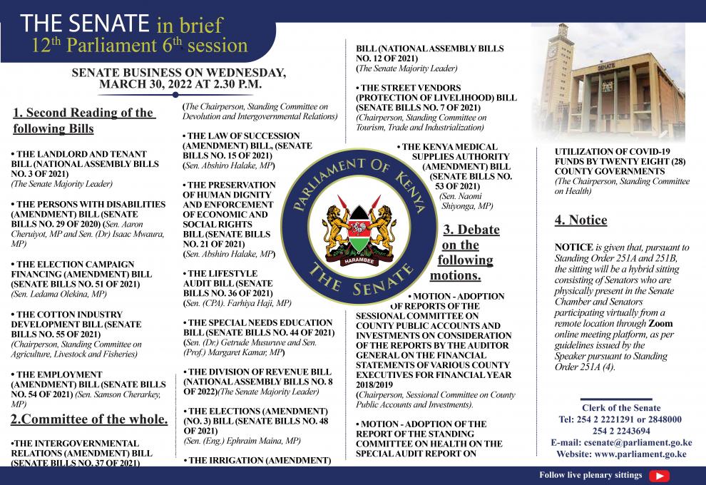 Senate Business Brief - Wednesday March 30th 2022 At 2.30 P.m.