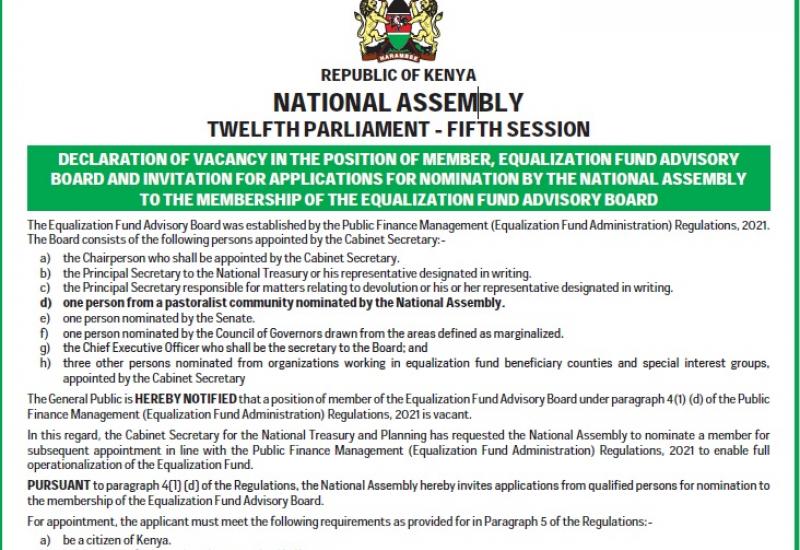 INVITATION FOR APPLICATIONS FOR NOMINATION, BY THE NATIONAL ASSEMBLY , TO THE MEMBERSHIP OF THE EQUALIZATION FUND ADVISORY BOARD