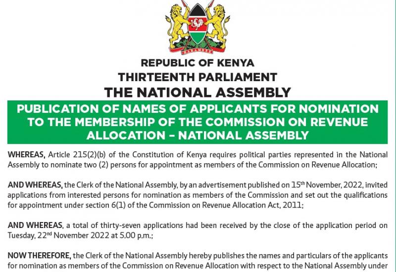 List of Applicants for Nomination to the Membership of the Commission on Revenue Allocation