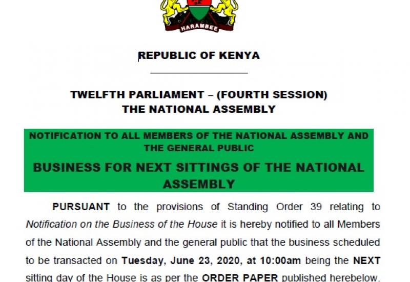 NOTIFICATION TO ALL MEMBERS OF THE NATIONAL ASSEMBLY AND THE GENERAL PUBLIC BUSINESS FOR NEXT SITTINGS OF THE NATIONAL ASSEMBLY