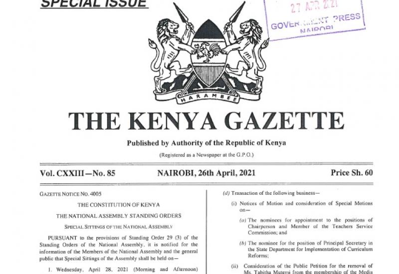 Kenya Gazette Notice - National Assembly Special Sitting April, 2021