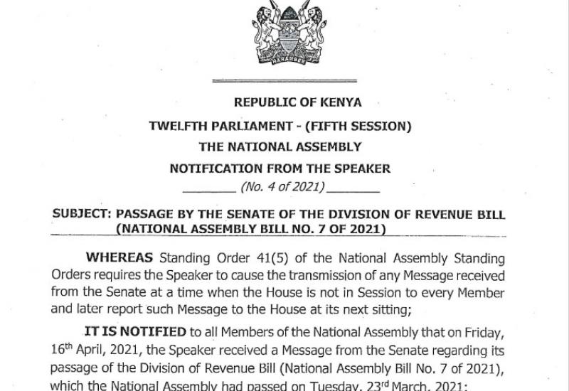 NOTIFICATION ON TWO MESSAGES FROM THE SENATE ON THE DIVISION OF REVENUE BILL, 2021 AND MUNG BEANS BILL, 2020