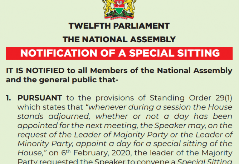 Notification of a Special Sitting of The National Assembly on Monday, February 10th, 2020