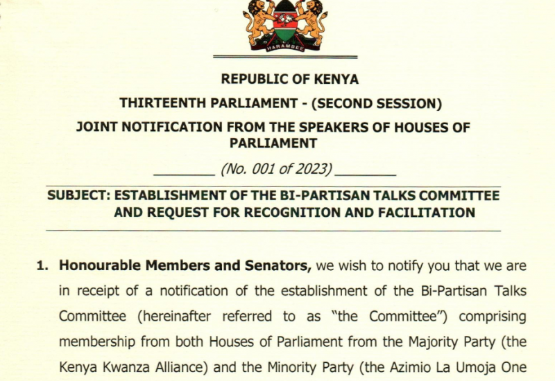 Establishment of the Bi-partisan Talks Committee