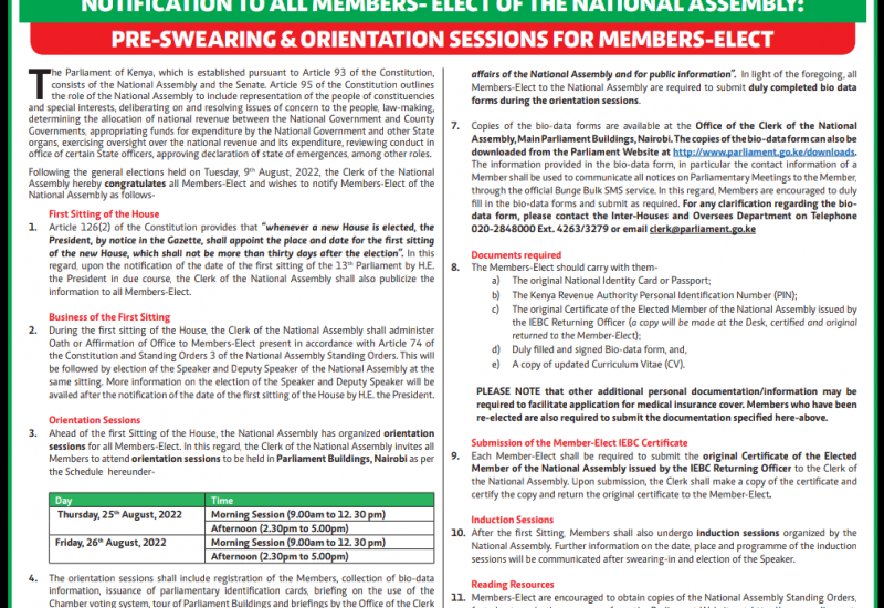 NOTIFICATION TO ALL MEMBERS- ELECT OF THE NATIONAL ASSEMBLY